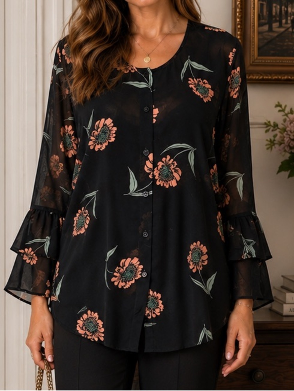 Cabi Black Sheer Floral Blouse Ruffle Sleeve Button Front Top Large